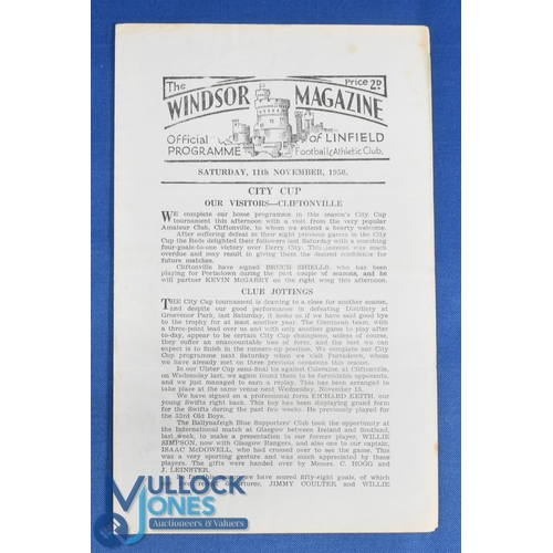 1168 - 1950/51 Linfield v Cliftonville City Cup match programme, 4 page, 11 November 1950 at Windsor Park; ... 