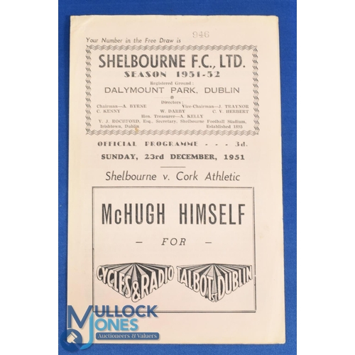 1179 - 1951/52 Shelbourne v Cork Athletic FA of Ireland league match programme, 4 pager, dated 23 December ... 