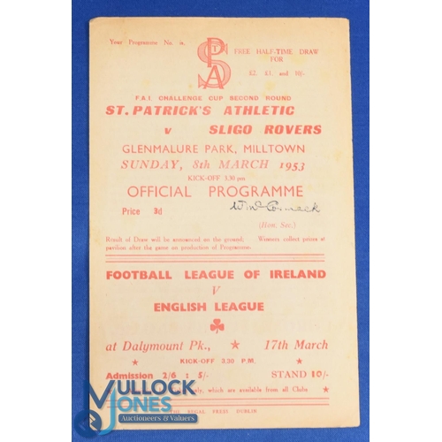 1184 - 1952/53 FA of Ireland challenge cup St Patrick's Athletic v Sligo Rovers 4 page programme at Milltow... 