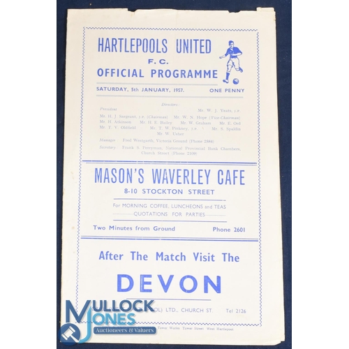 1201 - 1956/57 FAC Hartlepools Utd v Manchester Utd 3rd round tie match programme, 4 pager, no. 4353 origin... 