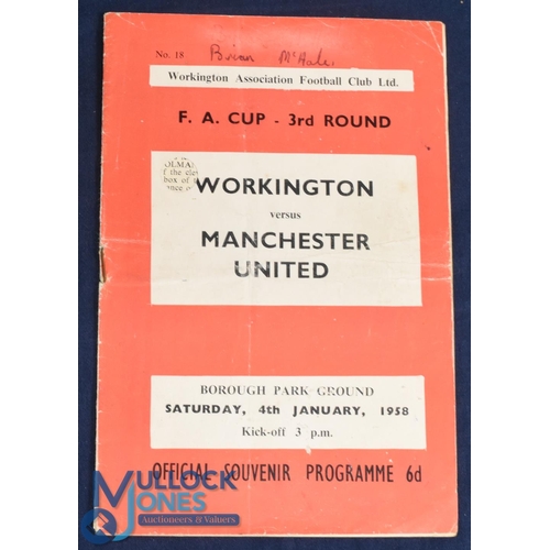 1208 - 1957/58 FAC Workington v Manchester Utd 3rd round tie 4 January 1958; name on front, punch hole to c... 