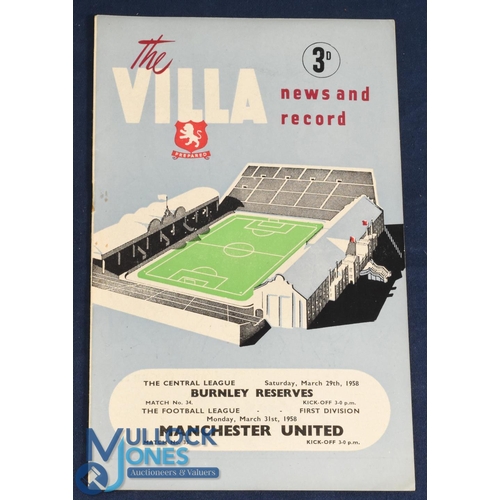 1209 - 1957/58 Scarce issue Aston Villa v Manchester Utd Div. 1 match programme (+ Burnley reserves, double... 