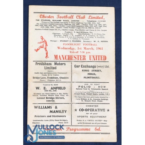 1222 - 1960/61 Chester v Manchester Utd friendly match programme at Sealand Road 1st March 1961; marks, tea... 