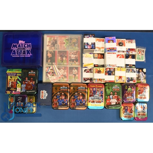 1280 - Topps Match Attax Football Cards: a box of assorted swap cards, tins, a full plastic trading card st... 