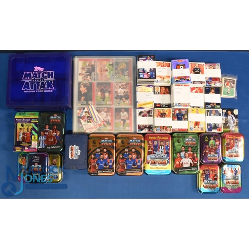 1280 - Topps Match Attax Football Cards: a box of assorted swap cards, tins, a full plastic trading card st... 