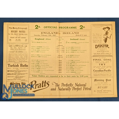 279 - 1927 England v Ireland Rugby Programme: Standard large foldout issue, G for age