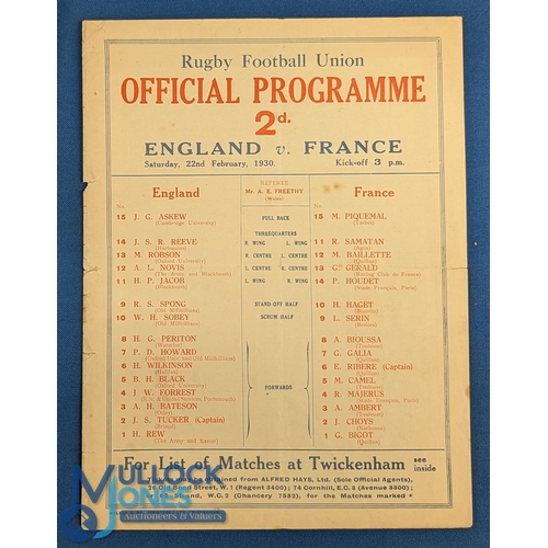 284 - 1930 England v France Rugby Programme: Last visit to Twickenham for the French before their 'ban' af... 