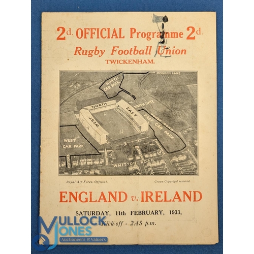 289 - 1933 England v Ireland Rugby Programme: Frequent warnings in issues at this era not to throw cushion... 