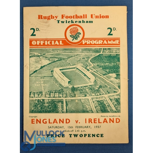 294 - 1937 England v Ireland Rugby Programme: In really good condition beyond a few marks to back cover of... 