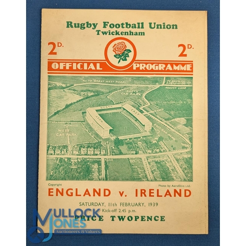 296 - 1939 England v Ireland Rugby Programme: Last clash before WW2, and a Twickers issue in VG condition