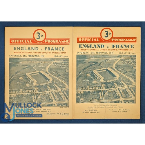 305 - 1949 & 51 England v France Rugby Programmes (2): Pair of Twickenham issues, 4pp card as usual, for t... 