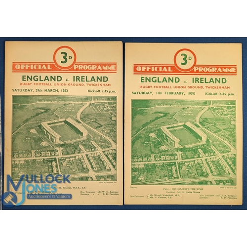 307 - 1950 & 52 England v Ireland Rugby Programmes (2): Pair from Irish games at HQ, both G/VG, the latter... 