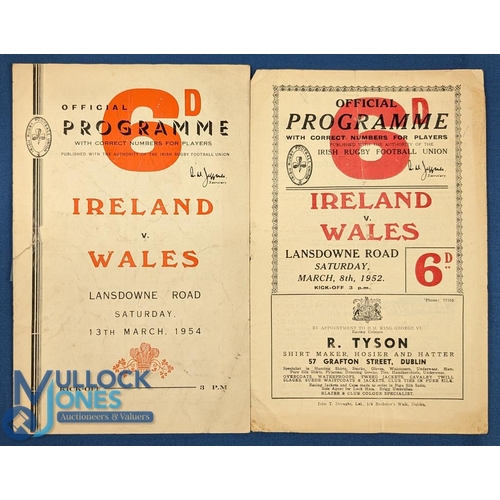 345 - Ireland v Wales Rugby Programmes (2): Both at Lansdowne Road, Wales Grand Slam season 1952, and 1954... 