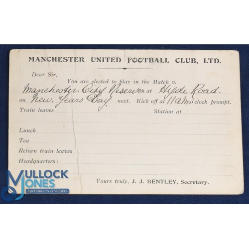 524 - Pre-WW1 Manchester United Football Club Ltd player selection card for the match at Hyde Road, v Manc... 