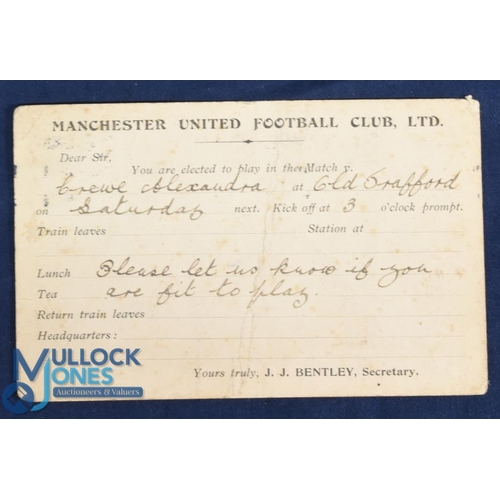 531 - Pre-WW1 Manchester United Football Club Ltd. Player selection card for the match at Old Trafford v C... 