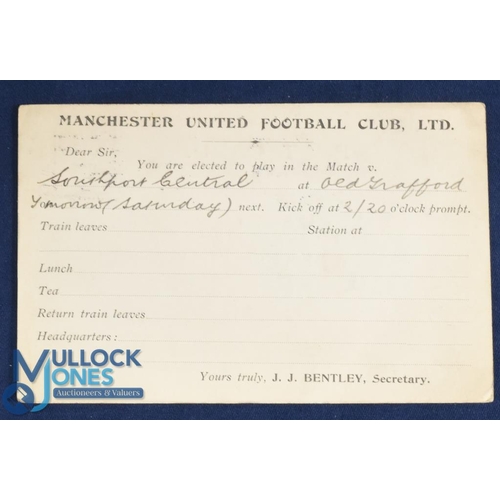 532 - Pre-WW1 Manchester United Football Club Ltd player selection card for the match at Old Trafford v So... 