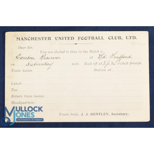 534 - Pre-WW1 Manchester United Football Club Ltd player selection card for the match at Old Trafford v Ev... 