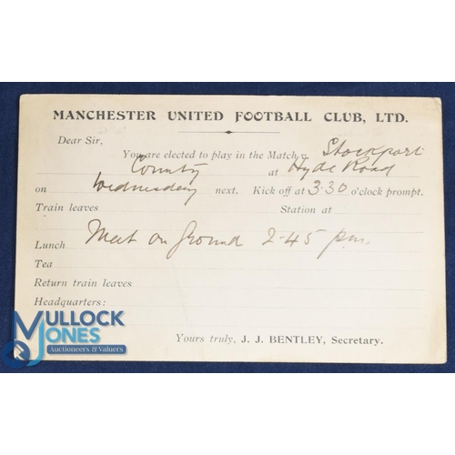 537 - Pre-WW1 Manchester United Football Club Ltd player selection card for the match at Manchester City g... 