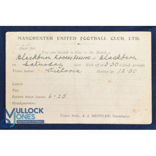 544 - Pre-WW1 Manchester United Football Club Ltd player selection card for the away match at Blackburn Ro... 