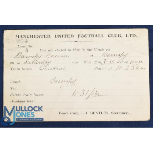 545 - Pre-WW1 Manchester United Football Club Ltd player selection card for the away match at Barnsley res... 