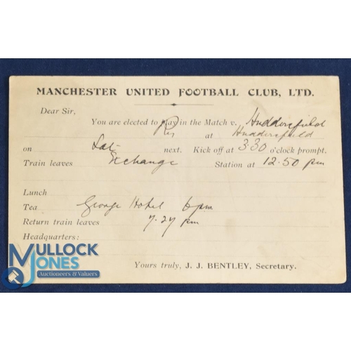 552 - Pre-WW1 Manchester United Football Club Ltd, player selection card for the away match at Huddersfiel... 