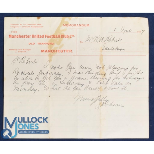 556 - Reference to Lot 555. 1917 Letter from Manchester United Football Club Ltd to R Roberts and handwrit... 