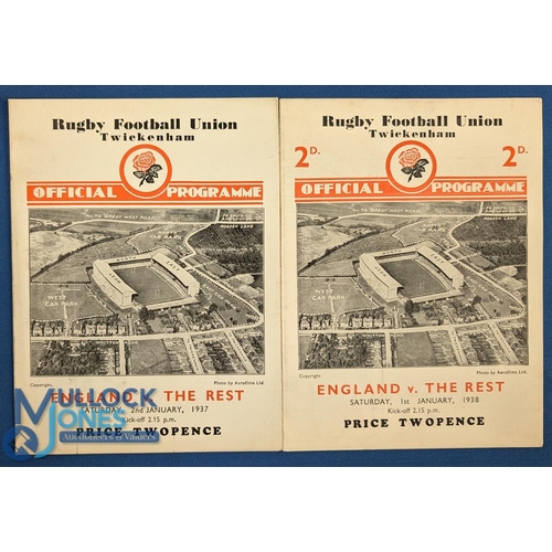 69 - 1937 & 1938 England Rugby Final Trial Programmes (2): Traditional Twickenham 4pp card, featuring big... 