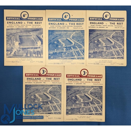 72 - 1955-59 England Rugby Final Trial Programmes (5): Still the pattern of pre-WW2 4pp cards, aerial Twi... 