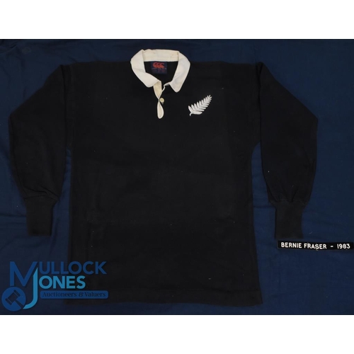 80 - 1983 Bernie Fraser's Match worn NZ All Blacks Rugby Jersey: Classic unadorned black, silver fern bad... 