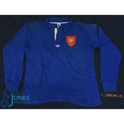 81 - 1979 Francis Haget's Match worn France Rugby Jersey: The great lock's large, deep blue jersey, Adida... 