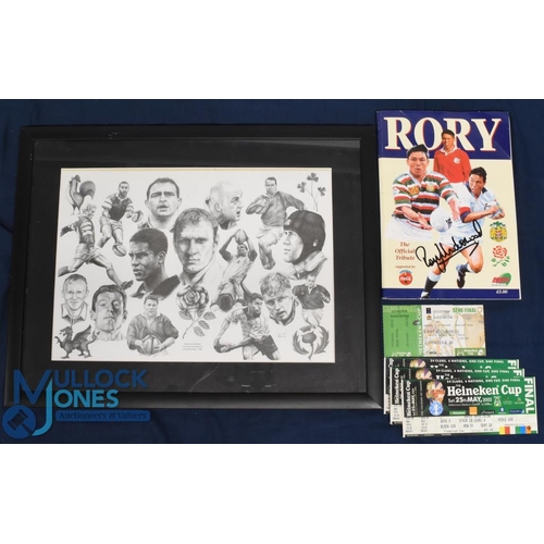 93 - Rugby Memorabilia from Lewis Moody (6):  Large m, f & g, 41cm x 25cm pencil portraits print of great... 