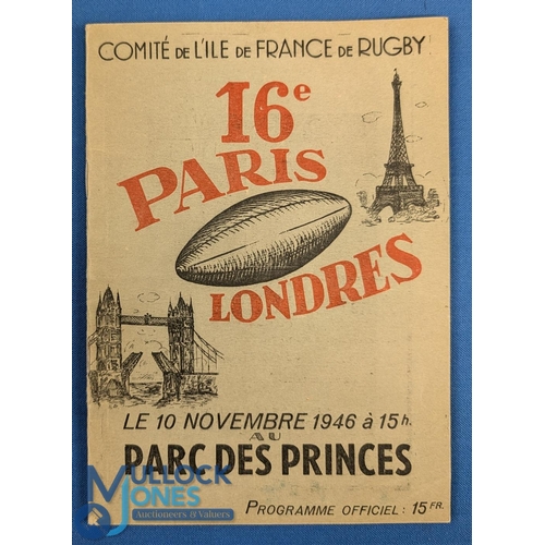 97 - Scarce 1946 Paris v London Rugby Programme: First post-WW2, and the 16th meeting overall, of the two... 