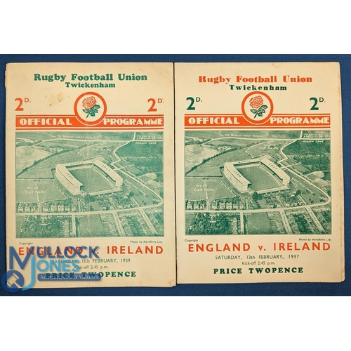 98 - 1937 & 39 England v Ireland Rugby Programmes: The traditional Twickers 4pp cards, the latter the fin... 