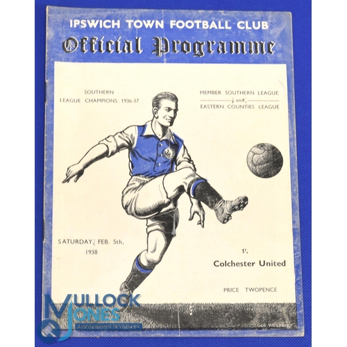 1296 - Pre-War 1937/1938 Ipswich Town v Colchester Utd Southern League match programme 5 February 1938; sli... 