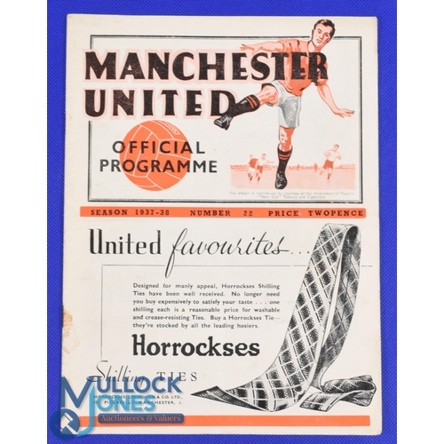 1297 - Pre-War 1937/1938 Manchester Utd v Burnley Div. 2 match programme 18 April 1938; overall fair/good