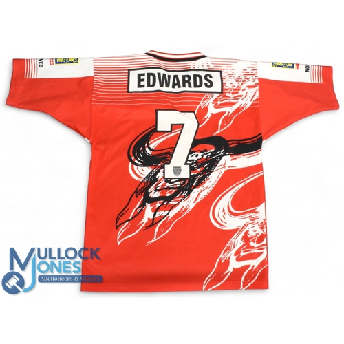 462 - Shaun Edwards Named Match worn Wigan R Lge Jersey/Pic (2): Modern red and white patterned short-slee... 