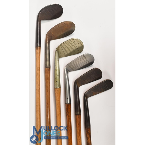 12 - 6x Assorted golf irons to incl a Fairlie's patent early niblick with diamond pattern face markings, ... 