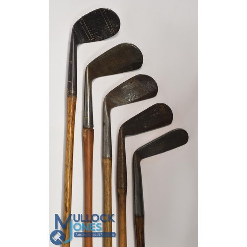 31 - 5x Various golf irons to incl Spalding mashie with stag head cleek mark, A Seymour Molesey Hurst GC ... 