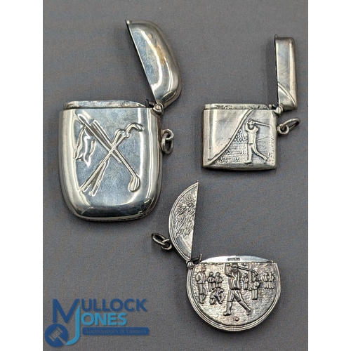 408 - Collection of Golfing Vesta Cases (3) all marked 925 sterling silver, with good golfing embossed sce... 