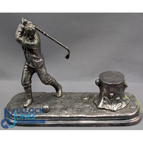 415 - A fine white metal Golfing Inkwell, early 20th century, in the form of a golfer about to hit a golf ... 