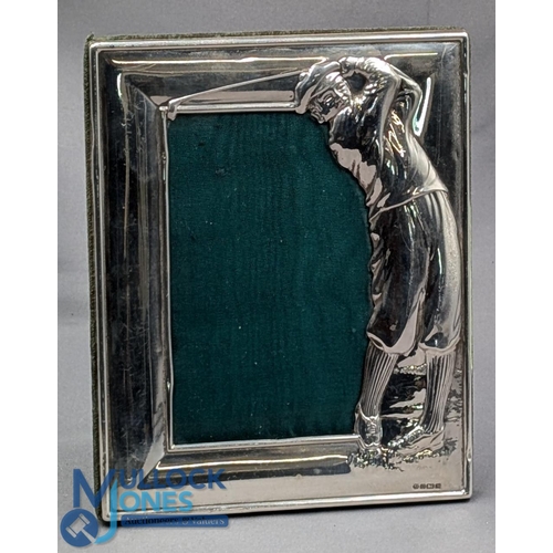 416 - Sheffield 1997 Silver Hallmarked Golf Picture Frame, embossed as a period golfer - size #14cm x 18cm