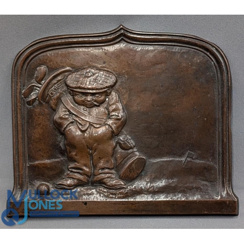 419 - Period Copper plaque display of a Repousse Golfer in a cap carrying bag of clubs, 14cm x 17cm