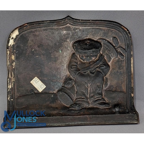 419 - Period Copper plaque display of a Repousse Golfer in a cap carrying bag of clubs, 14cm x 17cm