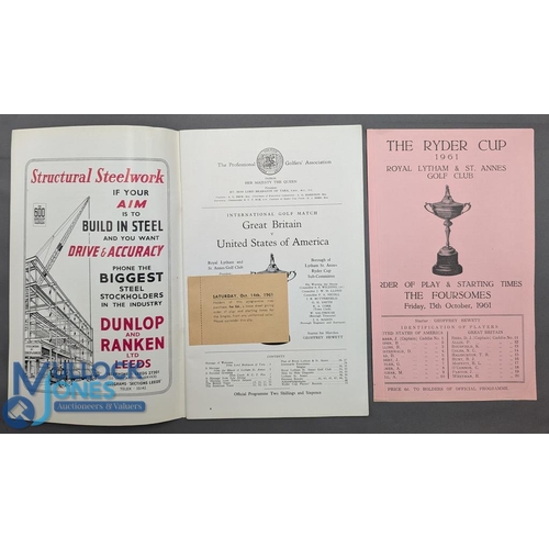 485 - 1961 Official Ryder Cup Golf Programme - played at Royal Lytham and St Anne's c/w a draw sheet for F... 