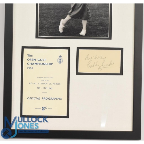 592 - Golfer Bobby Locke signed autograph page - framed with a b&w image in full swing, 1952 Open Champion... 