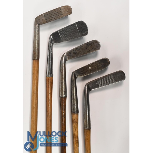 60 - 5x Various metal headed putters to incl Auchterlonie prism putter, wide flanged sole showing the And... 