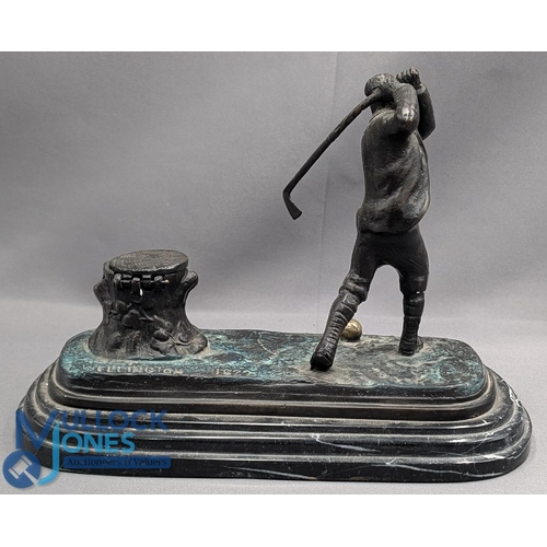 693 - Period Golfer with Tree Stump Inkwell and Desk Tidy, cast metal figures in full swing, having a bras... 