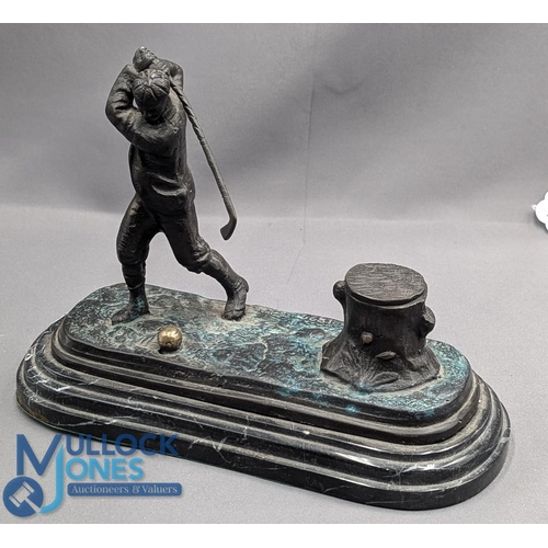 693 - Period Golfer with Tree Stump Inkwell and Desk Tidy, cast metal figures in full swing, having a bras... 