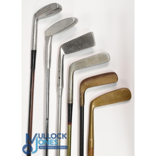 72 - Selection of 6x modern putters in varying styles, incl a brass straight blade stamped Coca Cola with... 