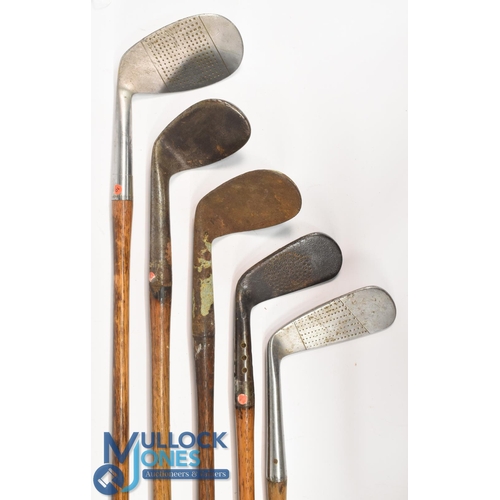 723 - 5x Assorted Golf irons to incl 3x niblicks incl a large head Fairlie's model stamped with the Gibson... 